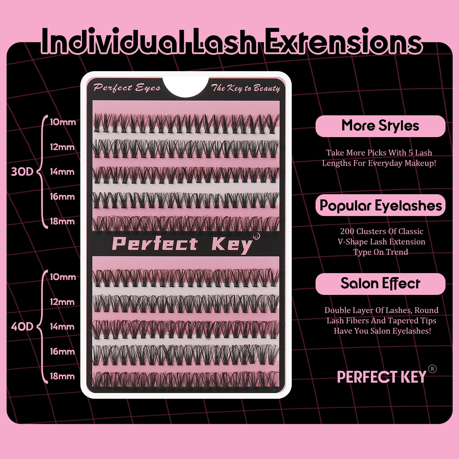 Perfectkey 30/40D Eyelashes Cluster Lashes 180pcs DIY Eyelash Extension D Curl Long Individual Lashes